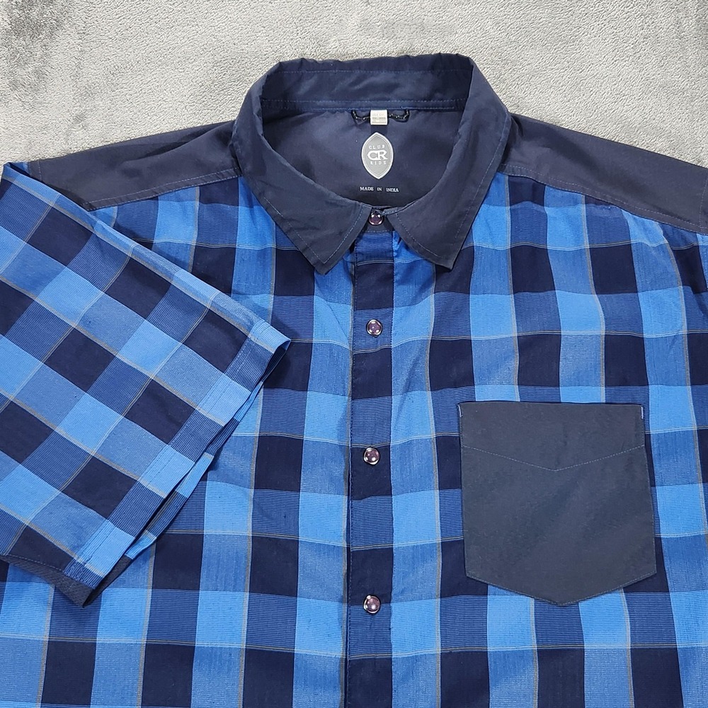 Club Ride Shirt Mens XXL Blue Plaid Short Sleeve Cycling Top Button Up Casual
